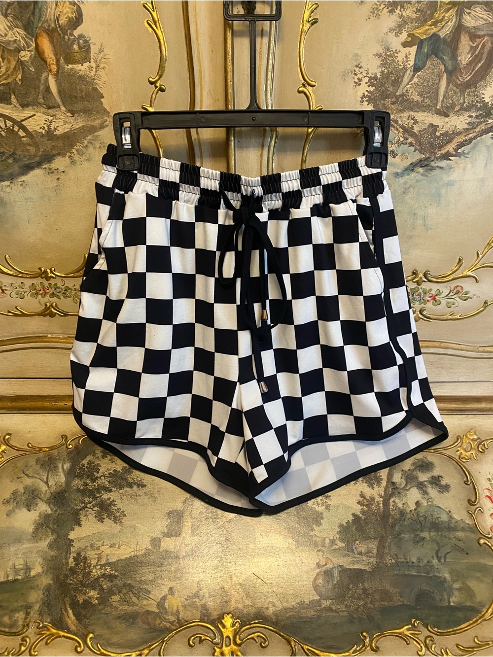 Boutique Black & White Checkerboard Shorts with Drawstring